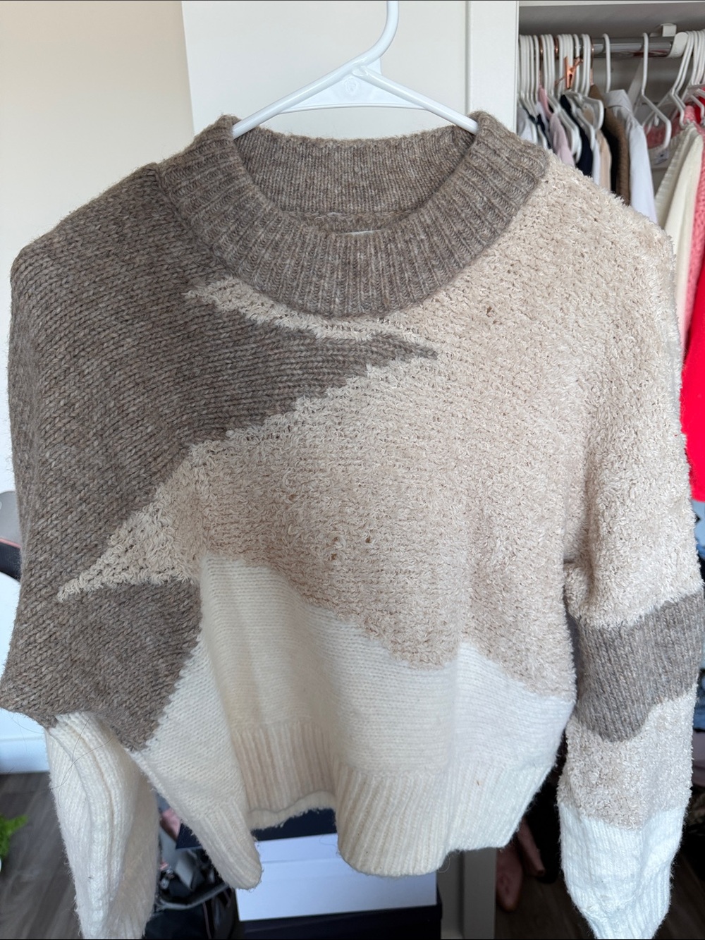 Abercrombie & Fitch Neutral Colorblock Crewneck Sweater — Taupe, Cream, Beige
